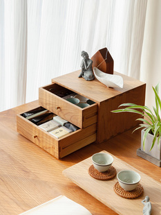 及木家具 桌面桌上 实木小收纳柜 带抽屉柜樱桃木黑胡桃茶具QT024