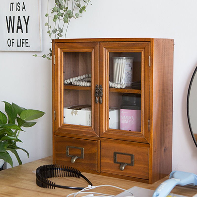 复古木制抽屉式储物柜化妆品防尘收纳盒透明玻璃门香水整理展示架