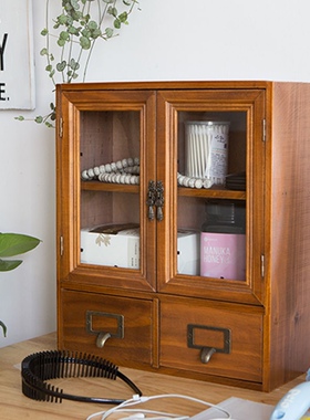 复古木制抽屉式储物柜化妆品防尘收纳盒透明玻璃门香水整理展示架