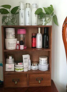 zakka复古木质化妆品收纳置物盒 客厅桌面收纳盒 摆件陈列置物架