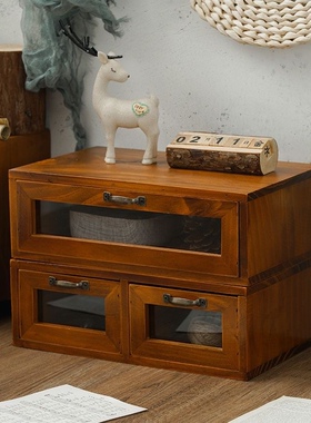 电脑显示器增高架办公室木质桌面收纳盒玻璃抽屉式化妆品木盒复古