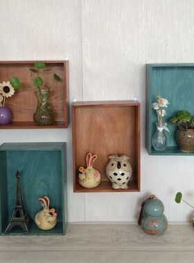 墙壁置物架壁挂隔板装饰墙面收纳架 实木质托盘长方形杂货收纳盒