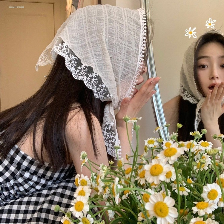 白色蕾丝头巾田园风包头三角巾女2024新款夏季绑发带丝巾法式方巾