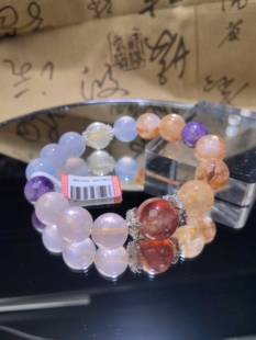 红胶花加12咪黄娇花蓝玉髓设计款五福喜用火土水水晶原创手链