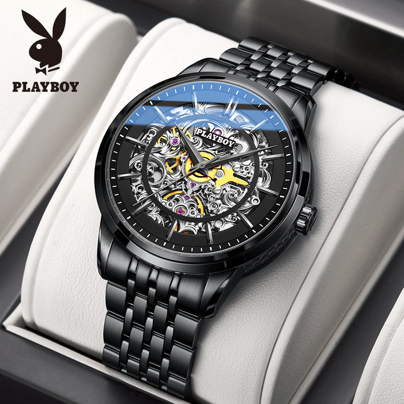 花花公子手表精钢镂空防水全自动机械表男士手表正品官网旗舰店