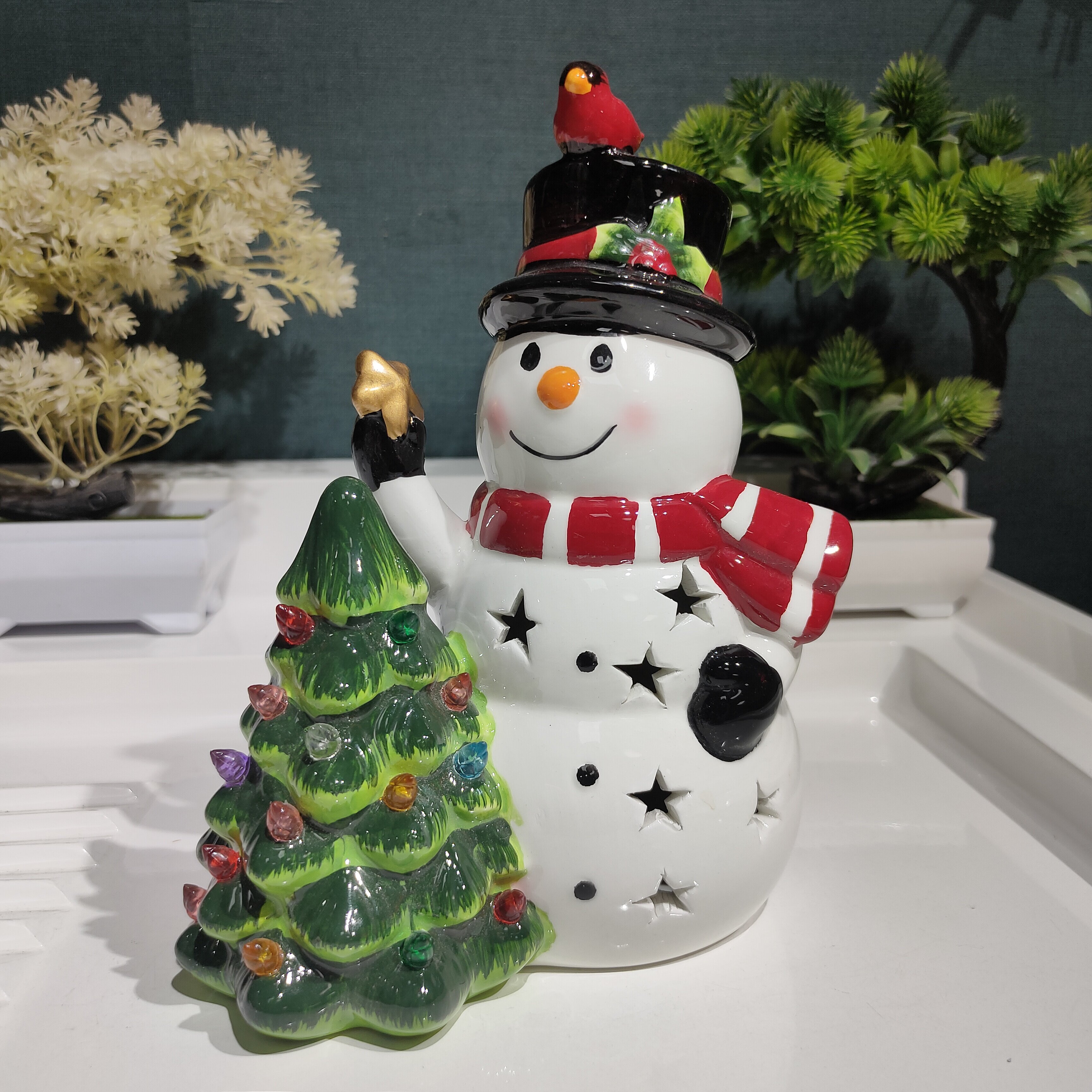 新品陶瓷圣诞树小雪人夜灯摆件/高度20.5厘米