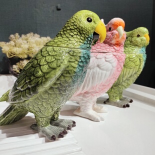 新品高温陶瓷鹦鹉浮雕造型储物罐摆件/3款可选