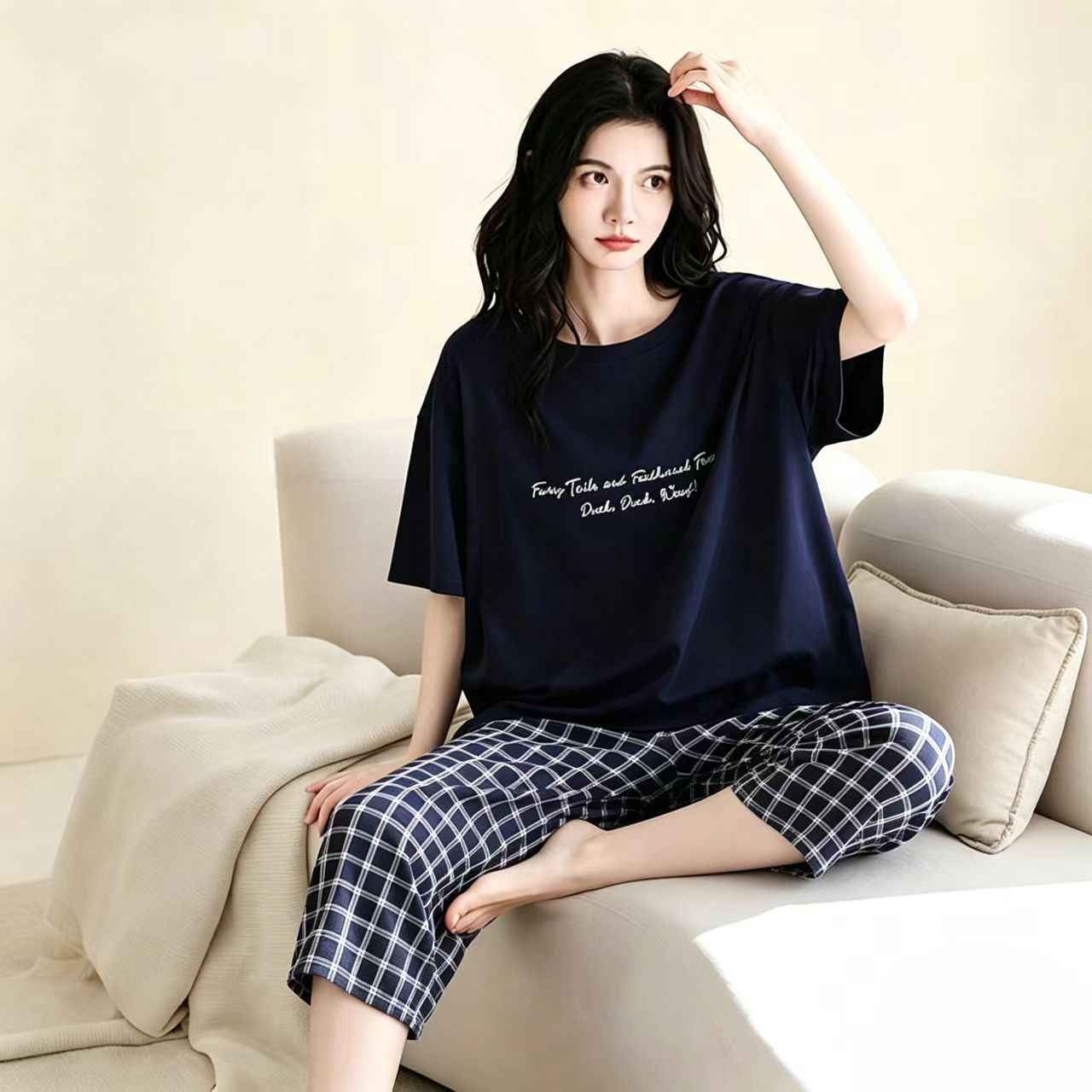 100%棉女士夏季薄款短袖七分裤睡衣套装纯棉宽松大码全棉家居服
