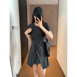 ATHEWOW连衣裙酒脱圆领 扭结收褶随性不规则裙摆轻盈自如正肩字版