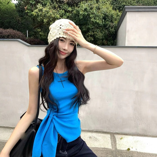 不规则吊带背心女夏季 绑带收腰上衣 时髦辣妹袖 内搭外穿蓝色修身