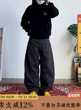 BBCN STORE美式水洗复古加绒工装弯刀裤冬季街头抓绒保暖休闲长裤