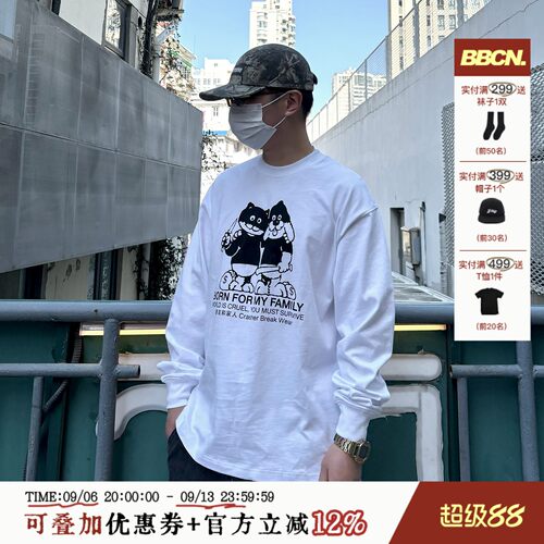 美式复古趣味卡通印花长袖T恤