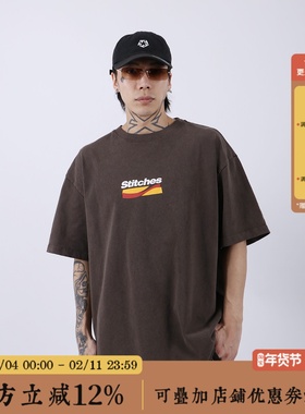 BBCN STORE 320g重磅水洗美式复古休闲T恤发泡印花宽松小领口短袖