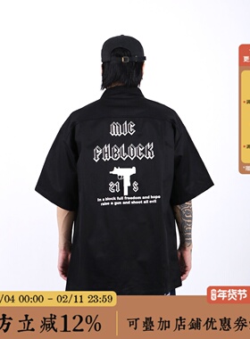 BBCN STORE 美式复古印花工装衬衫奇卡诺嘻哈街舞宽松开衫短袖