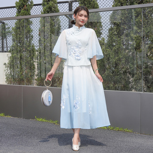 民族风刺绣上衣复古春夏新款唐装女中国风松紧腰仙女雪纺渐变裙子