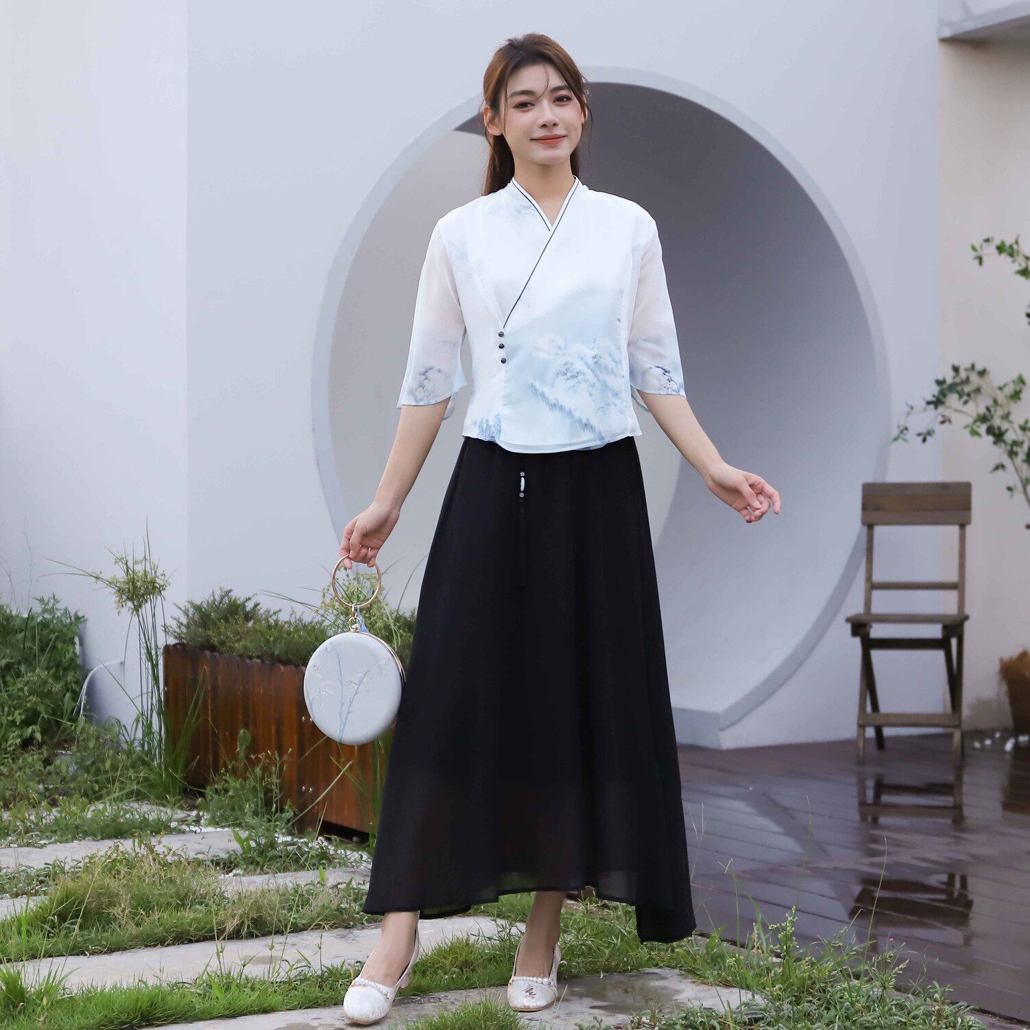 水墨印花茶艺服异步倾歌唐装仙女