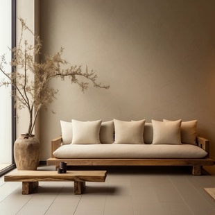 侘寂风实木沙发组合民宿酒店原木风双人三人位沙发中古风沙发