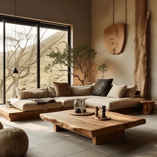 侘寂风实木沙发组合民宿酒店原木风三人位沙发茶几组合