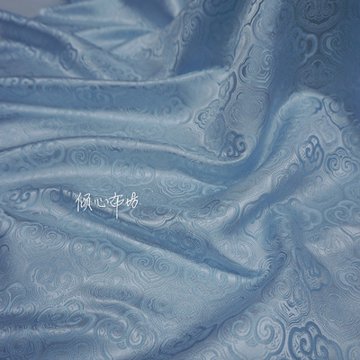 浅浅蓝色兰中式如意头祥云纹本色提花宋锦织锦缎布料丝绸缎子面料