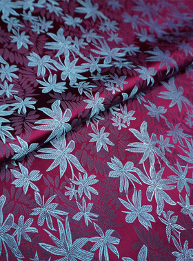 玫紫色配天蓝气质层叠树叶织锦缎布料丝绸缎子古香缎旗袍汉服面料