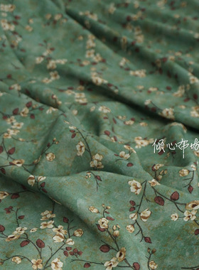 复古绿色枝上花细斜纹绵绸布料高档人造棉贡缎香云丝纯棉面料服装