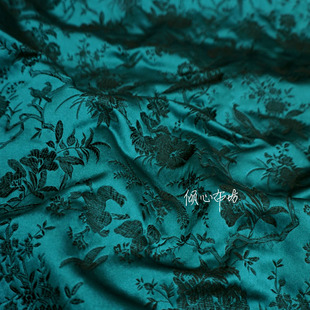 特 孔雀蓝绿色鸟语花香花鸟织锦缎布料秀气丝绸缎子旗袍汉服面料