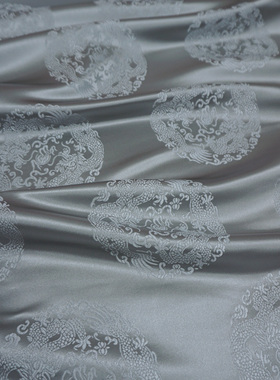 银灰色雅灰净版纯色双龙戏珠团织锦缎布料宋锦国风丝绸缎子面料