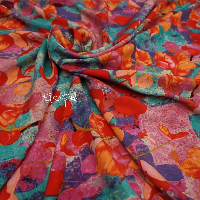 美丽自然系明亮树叶唯美舒适人造棉绸布料 真丝棉舒香绸舒适面料