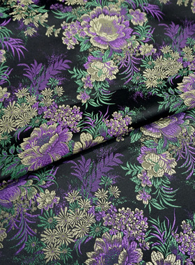 黑底优雅气质紫绿色文艺花草织锦缎宋锦丝绸缎子布料旗袍古装面料