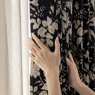 法式 乡村客厅卧室遮光布料定制 中古风复古黑色雪尼尔提花窗帘美式