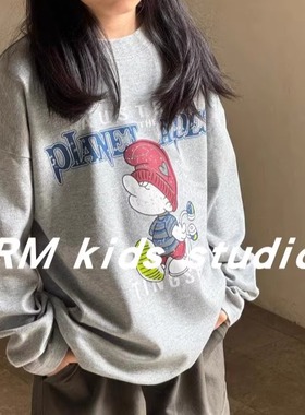 RM原创设计新品男女儿童宝纯棉灰色精灵做旧卡通圆领长袖T恤复古