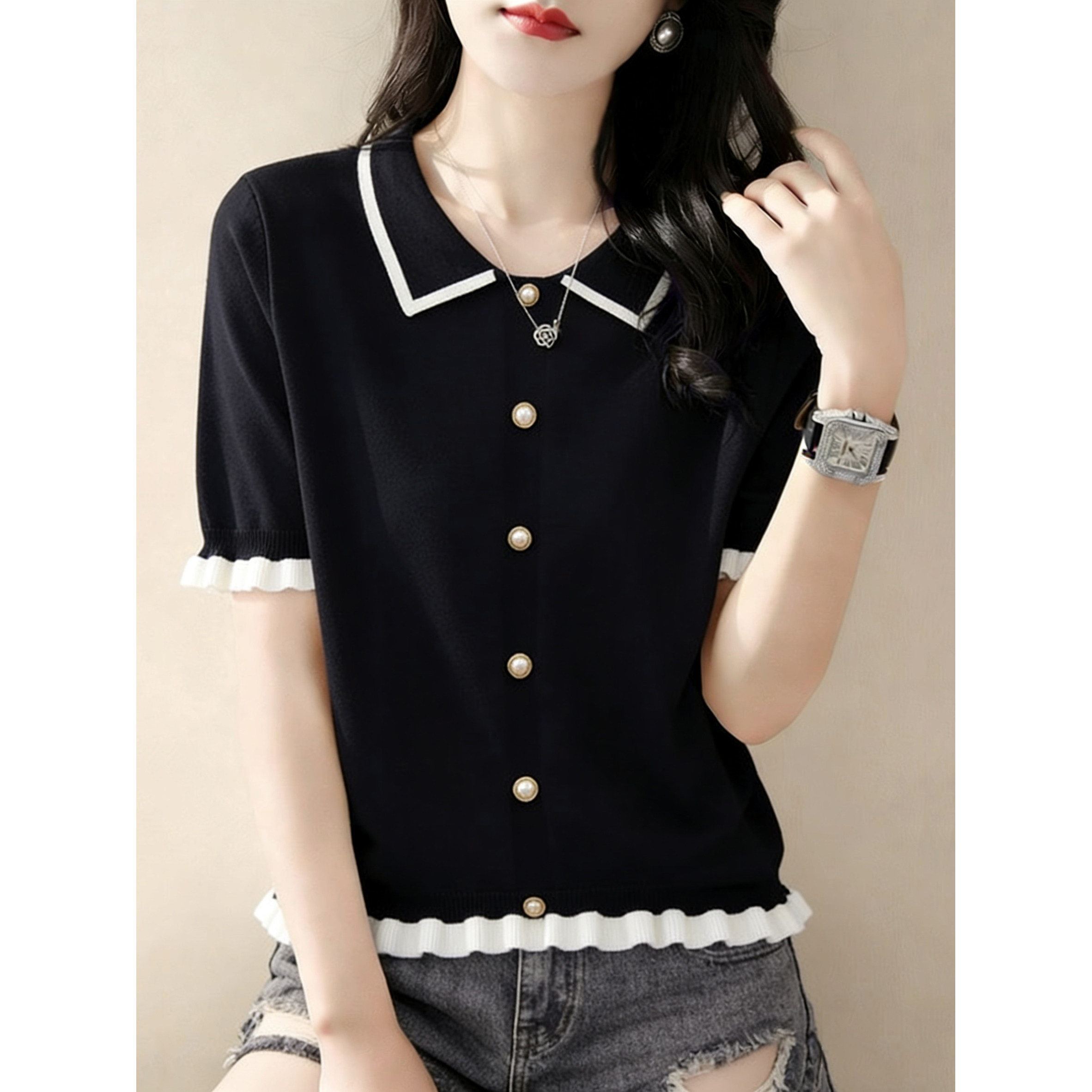 大码娃娃领冰丝针织短袖T恤2026夏季新款胖mm显瘦木耳边撞色上衣