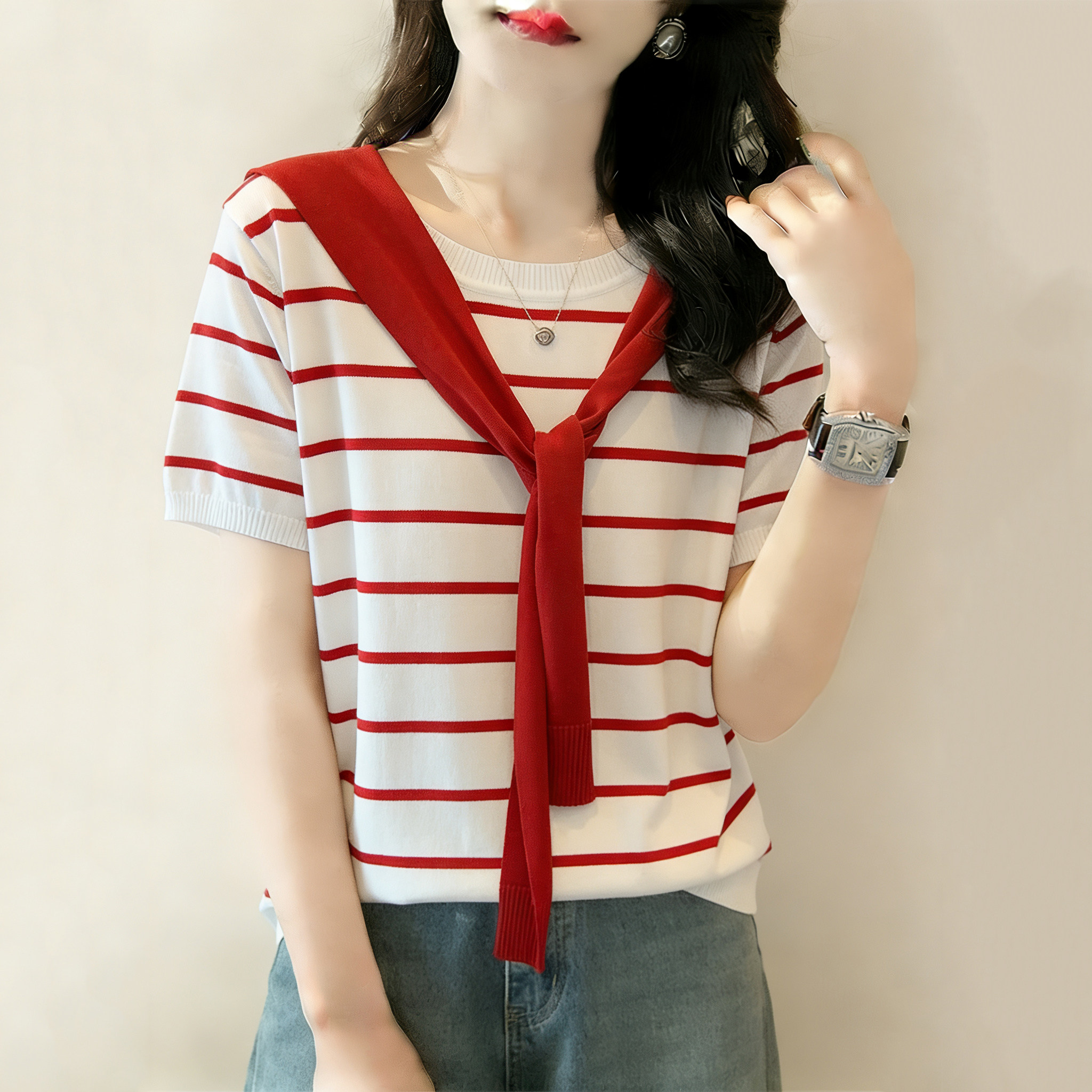 大码2026设计感条纹冰丝针织短袖t恤女夏新款胖mm显瘦假两件上衣