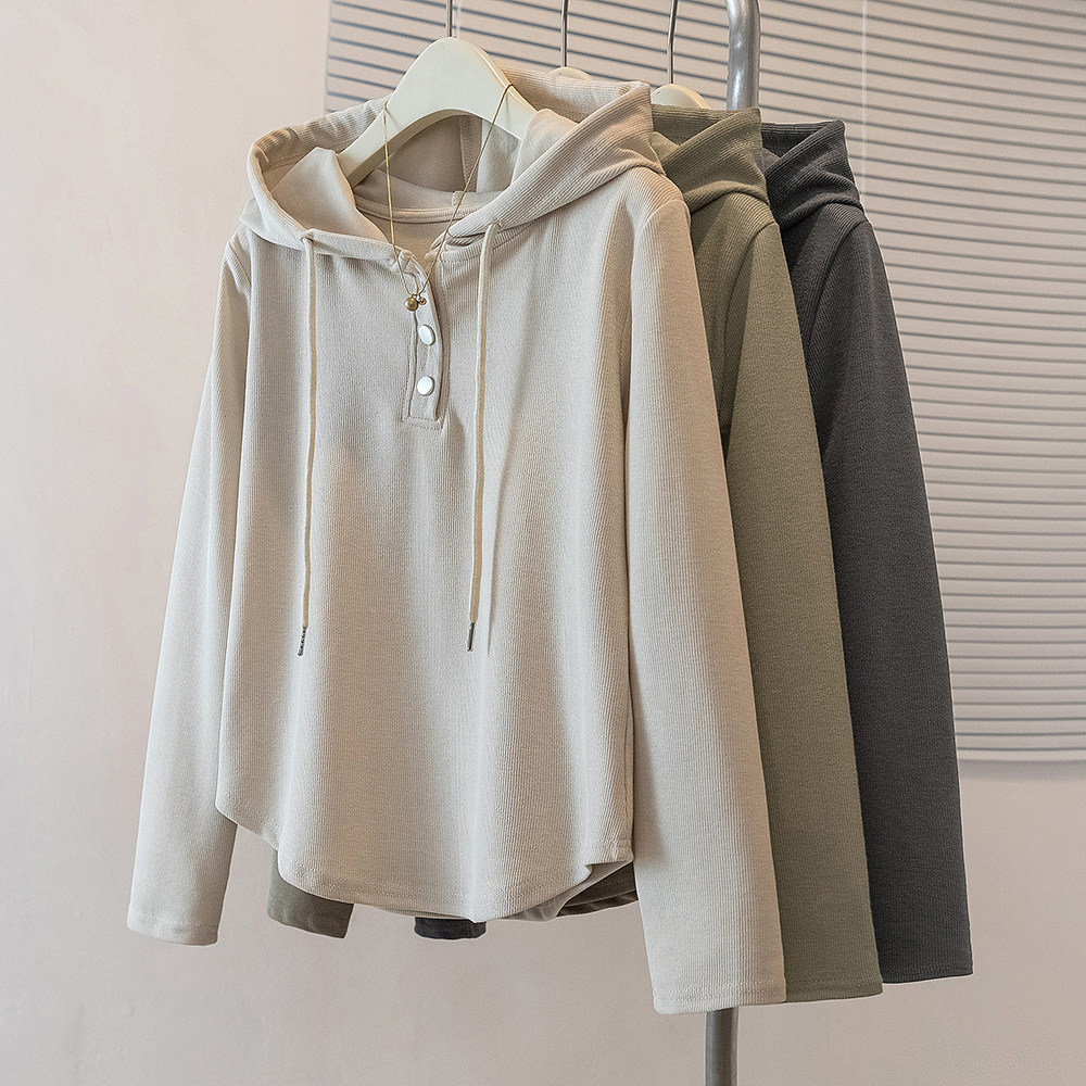 大码灰色正肩连帽卫衣外套女2025新款胖mm显瘦长袖T恤休闲风上衣