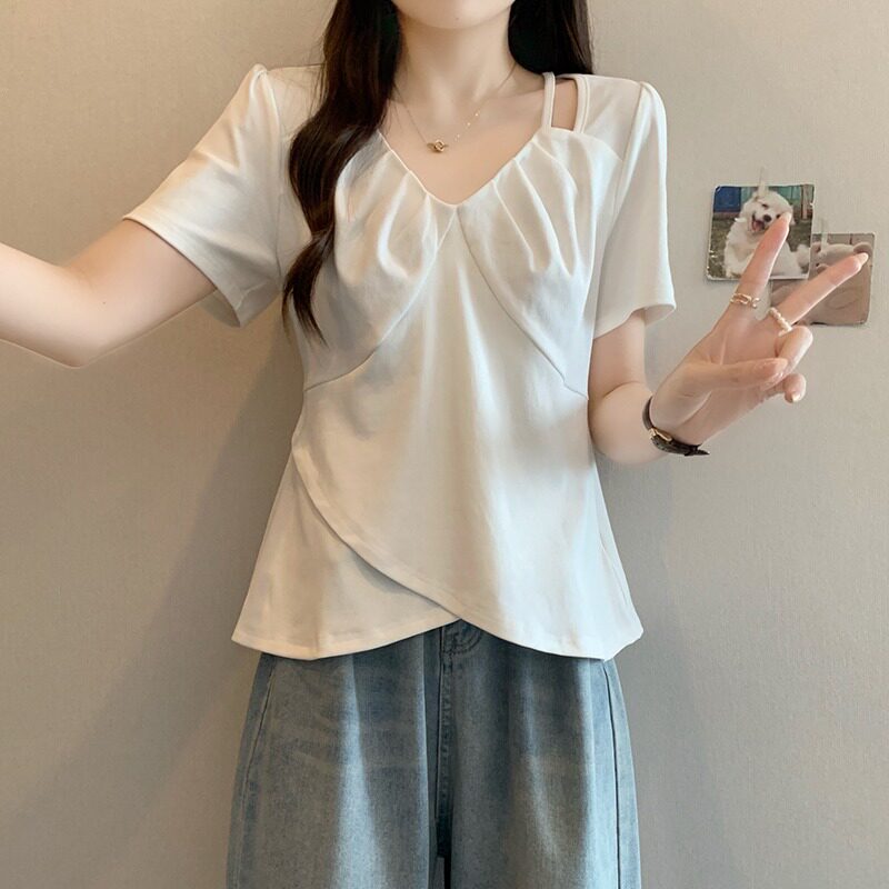 大码女装镂空小心机正肩短袖t恤漂亮小衫女夏装新款胖mm显瘦上衣