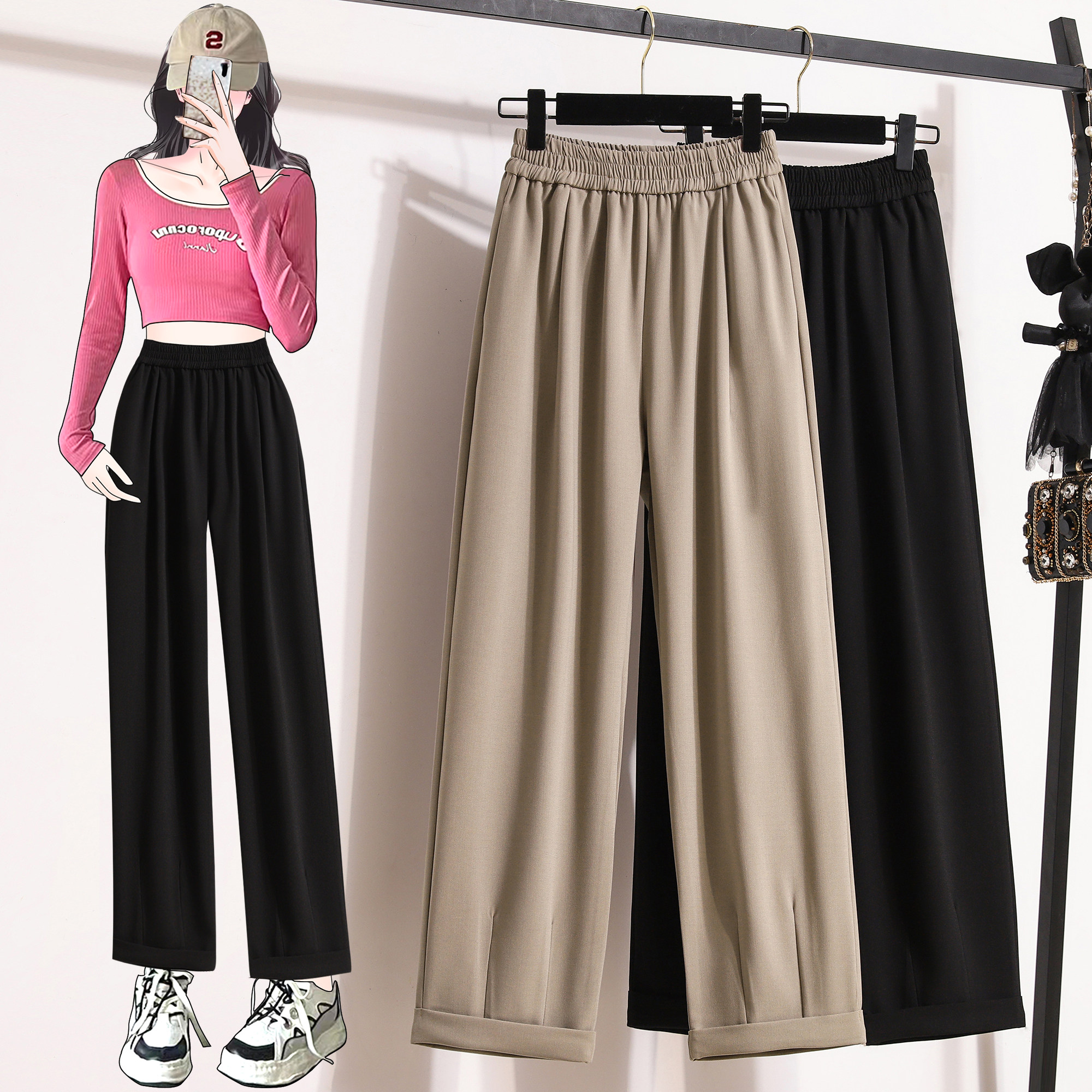 大码女装松紧腰西装阔腿裤女春夏装新款胖mm显瘦九分直筒裤长裤子