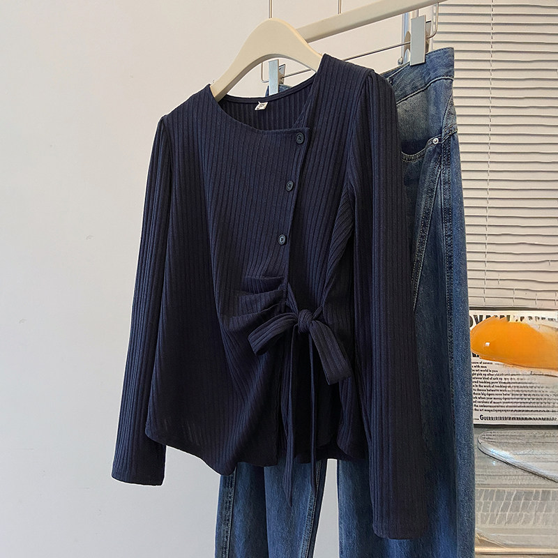大码女装斜领正肩长袖t恤女2026春装新款胖mm显瘦不规则系带上衣