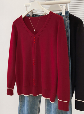大码女装红色V领长袖毛衣内搭打底衫女秋冬季胖mm显瘦针织衫上衣