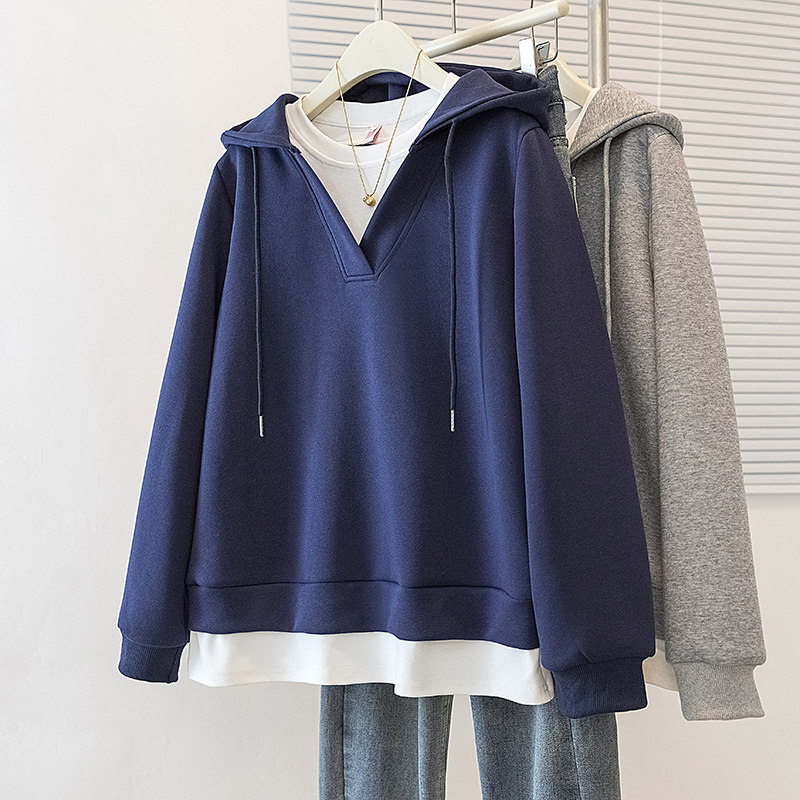 大码撞色休闲连帽卫衣外套女秋冬胖mm显瘦遮肚长袖斜肩假两件上衣