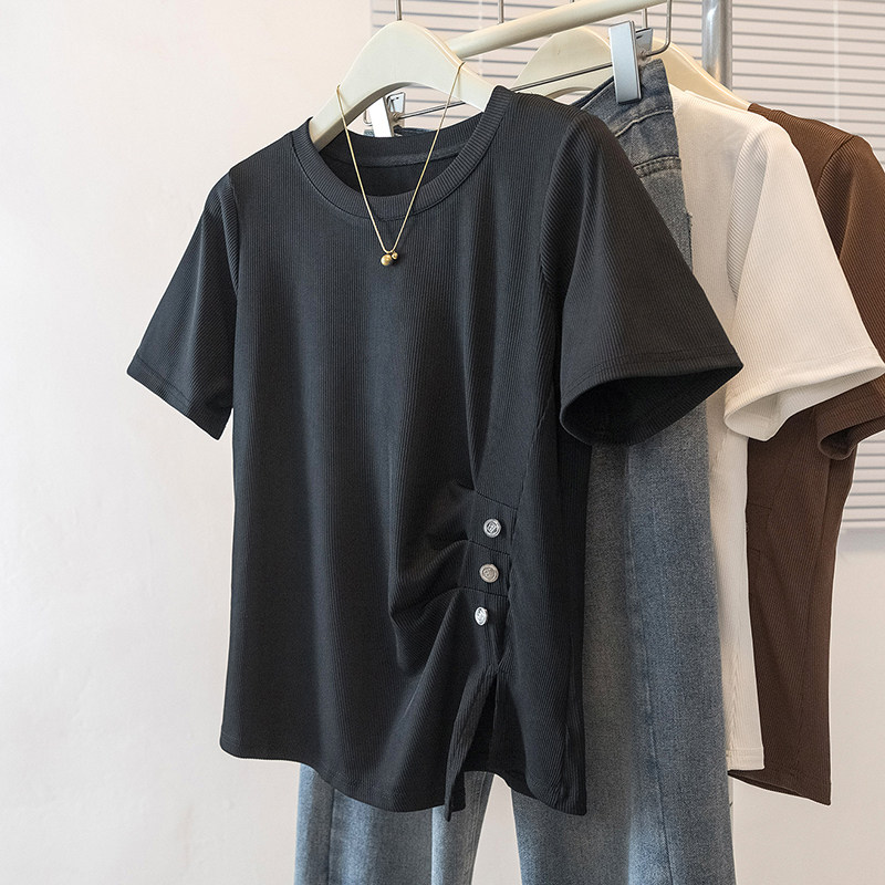 大码女装百搭正肩短袖t恤女春夏季新款胖mm显瘦不规则设计感上衣