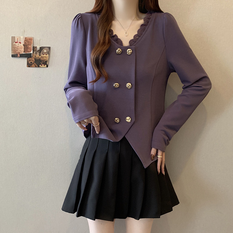 大码女小香风鱼骨线蕾丝花边长袖衬衣女春装胖mm显瘦衬衫外套上衣