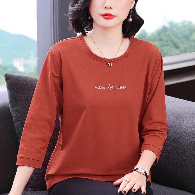 妈妈装秋上衣圆领刺绣七分袖T恤棉女士t恤衫中老年宽松大码打底衫