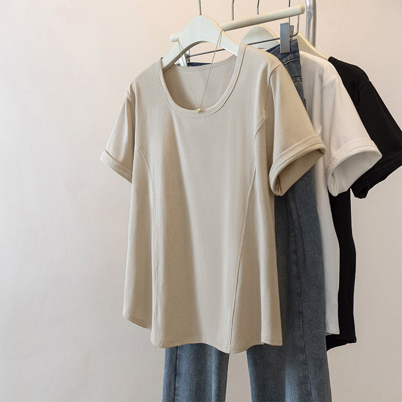 大码女装圆领鱼骨线减龄正肩短袖t恤女2026夏季新款胖mm显瘦上衣