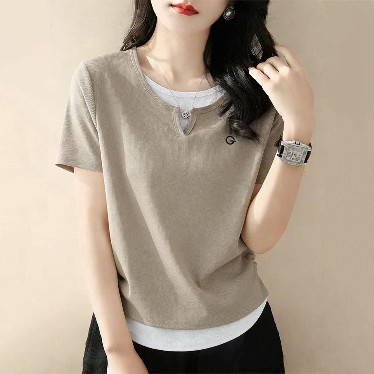 大码女装撞色减龄假两件正肩短袖t恤女2026春夏新款胖mm显瘦上衣