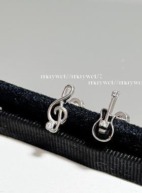 Maywct 吉他音符甜酷不对称个性小众钛钢平底拧扣耳垂耳钉耳饰