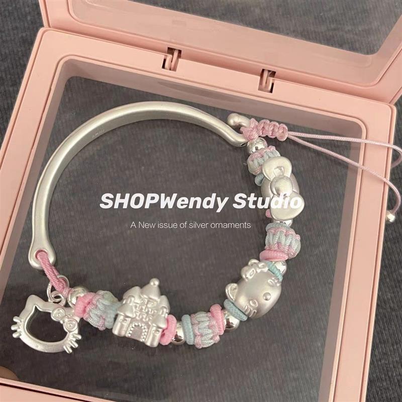 SHOPWendy | 足银999可爱卡通kitty城堡蝴蝶结编绳手镯可调节