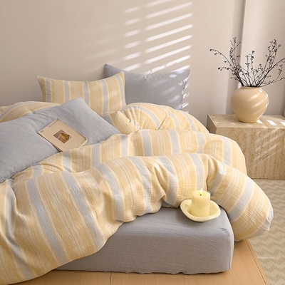 2026新款全棉纯棉色织皱皱纱条纹四件套四季通用吸湿透气床笠款