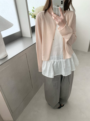 26春夏新韩版sliver纯色樱花粉色长袖针织短开衫女百搭薄款上衣