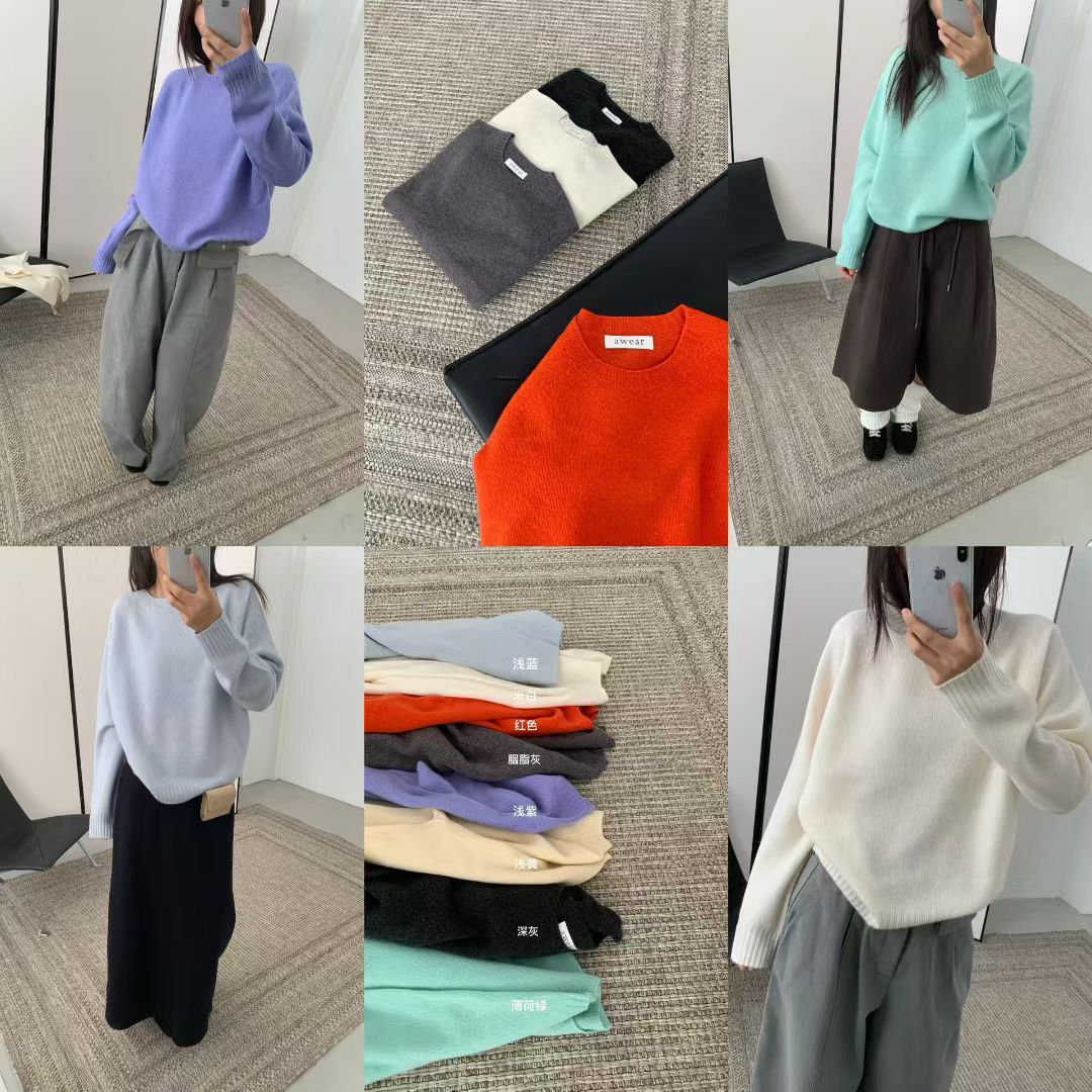 2025秋装新韩版awear休闲纯色圆领套头羊毛针织衫女毛衣绿色上衣