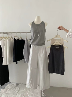 2025夏韩版sliver简约纯色灰杏色休闲小直筒裤女宽松百搭阔腿裤子